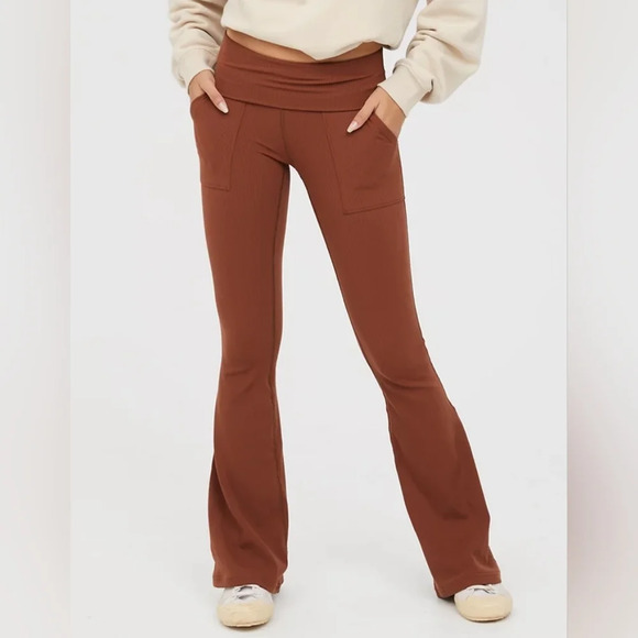 aerie Pants - Offline by Aerie ribbed pocket foldover flare leggings.